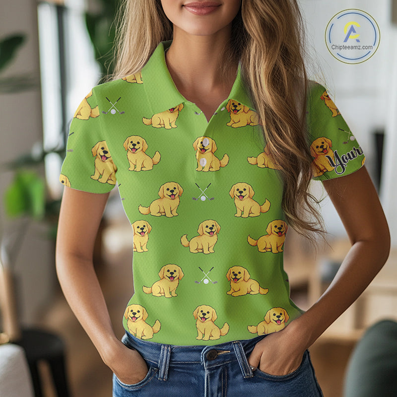 Womens Golf Polo Shirt Custom Funny Golden Retriever Green Team Ladies Golf Tops, Dog Lover Gift NHN0214