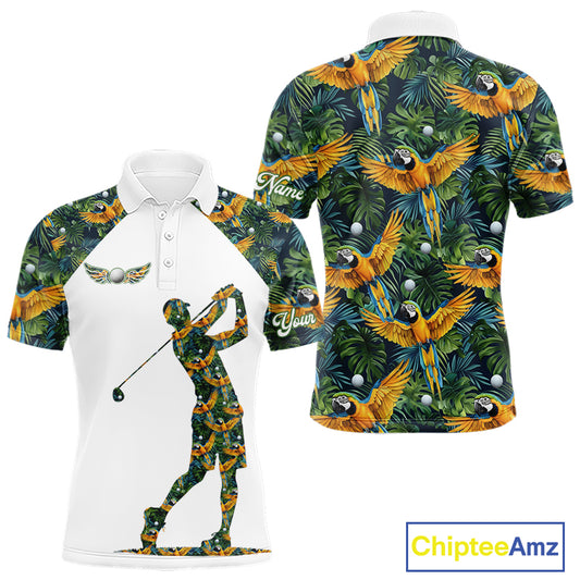 Mens Golf Polo Shirt Custom Colorful Parrots And Floral Tropical Pattern Team Golf Shirts, Golf Gifts NHN0093