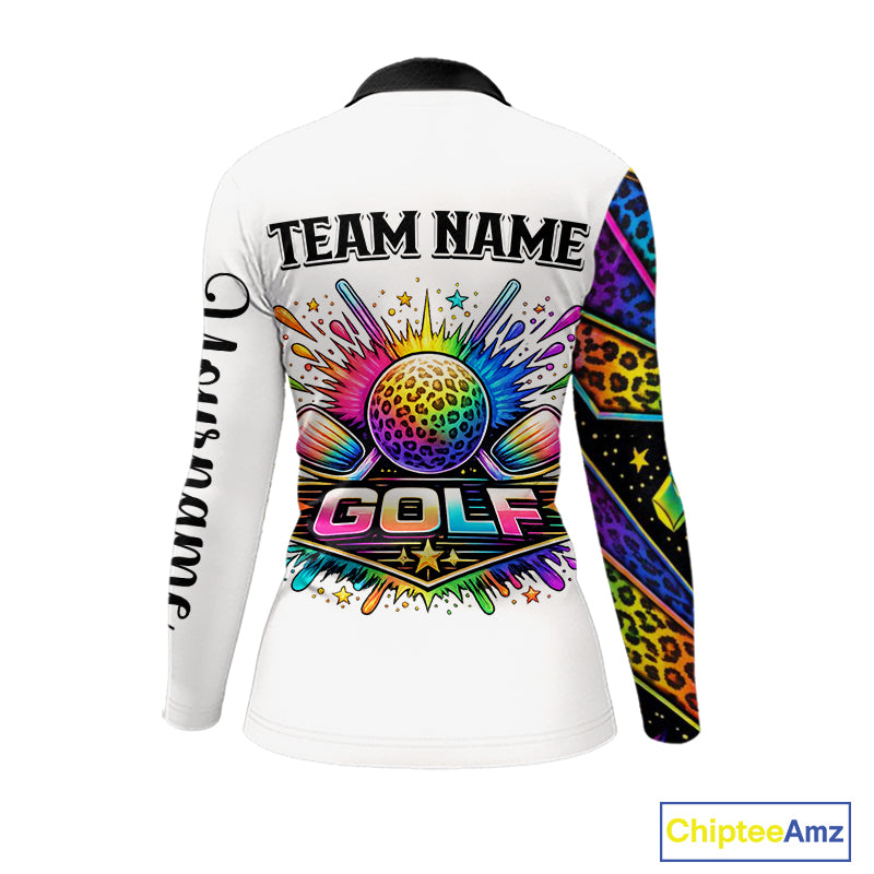 Rainbow Womens Long Sleeve Golf Polo Shirt Leopard Print Pattern Custom Team Golf Tops, Golf Gifts NHN0226