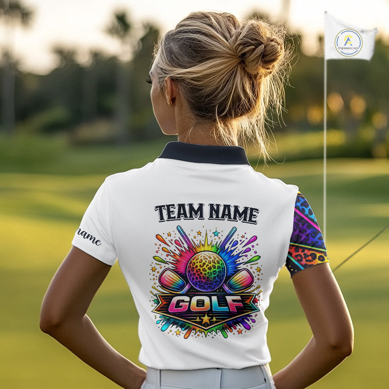 Rainbow Womens Golf Polo Shirt Leopard Print Pattern Custom Team Ladies Golf Tops, Golf Gifts NHN0226