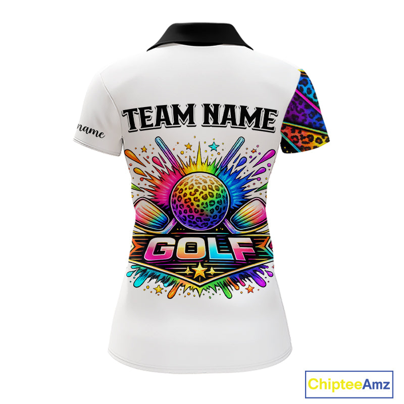 Rainbow Womens Golf Polo Shirt Leopard Print Pattern Custom Team Ladies Golf Tops, Golf Gifts NHN0226