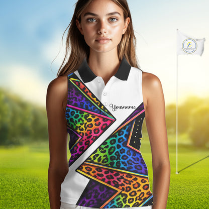 Rainbow Womens Sleeveless Golf Polo Shirt Leopard Print Pattern Custom Team Golf Tops, Golf Gifts NHN0226