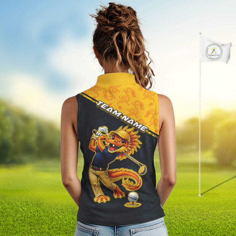 Funny Dragon Womens Sleeveless Golf Polo Shirt Custom Yellow And Blue Team Golf Outfits, Golf Gifts NHN0102