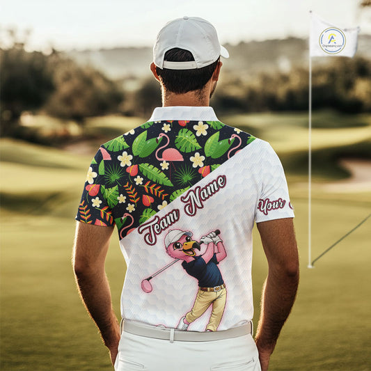Funny Flamingo Mens Golf Polo Shirt Custom Colorful Floral Flamingo Pattern, Tropical Team Golf Polo NHN0106