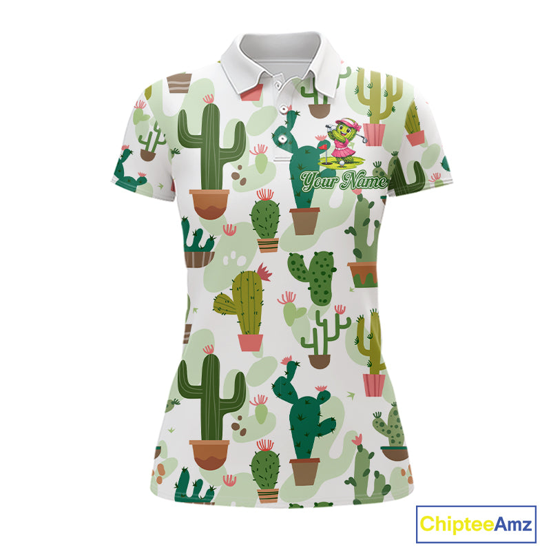 Funny Cactus Flower Womens Golf Polo Shirt Custom Name Golf Tops, Cactus Golf Shirt Personalized NHN0237