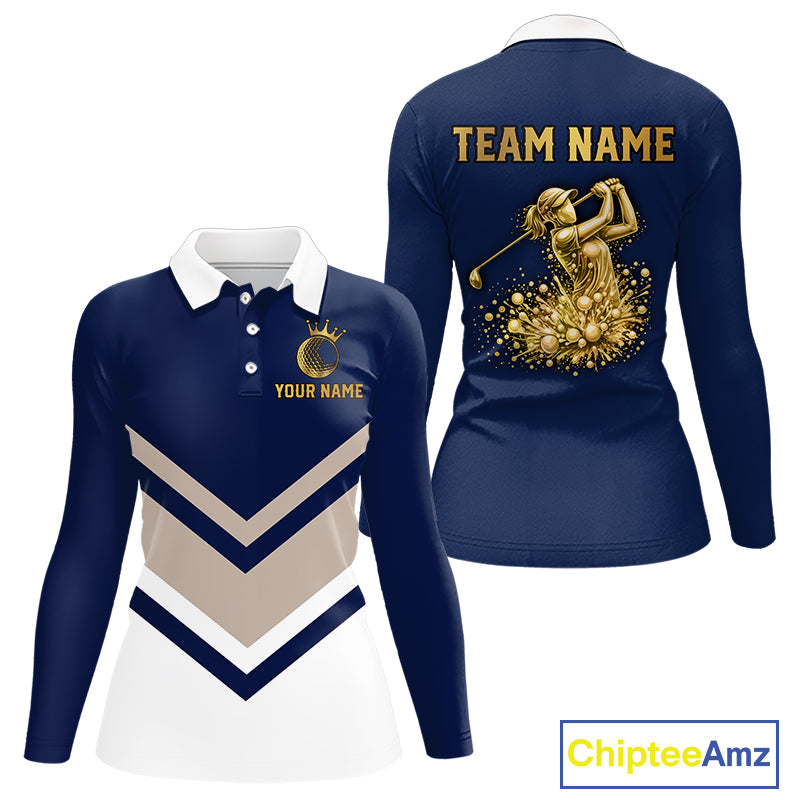 Blue And White Womens Long Sleeve Golf Polo Shirt Custom Gold Golfer Swing & Golf Ball Team Polo NHN0115