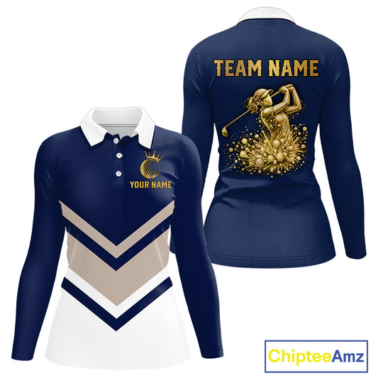 Blue And White Womens Long Sleeve Golf Polo Shirt Custom Gold Golfer Swing & Golf Ball Team Polo NHN0115