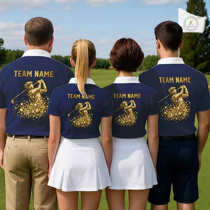 Blue And White Womens Golf Polo Shirt Custom Gold Golfer Swing & Golf Ball Team Polo, Golf Gifts NHN0115