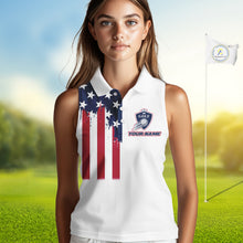 Load image into Gallery viewer, American Flag Womens Sleeveless Golf Polo Shirt Custom Red, White And Blue Patriotic Team Golf Jersey NHN0118