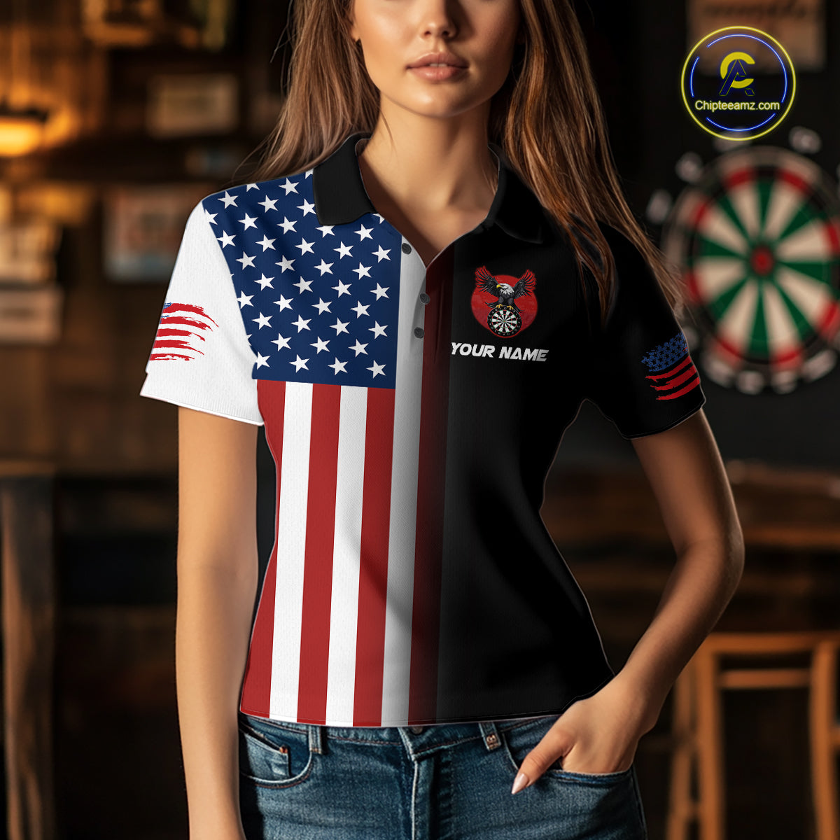 Custom American Flag Eagle Darts Shirt for Women Darts Team Jerseys Dartboard Shirt Dart League NNT268