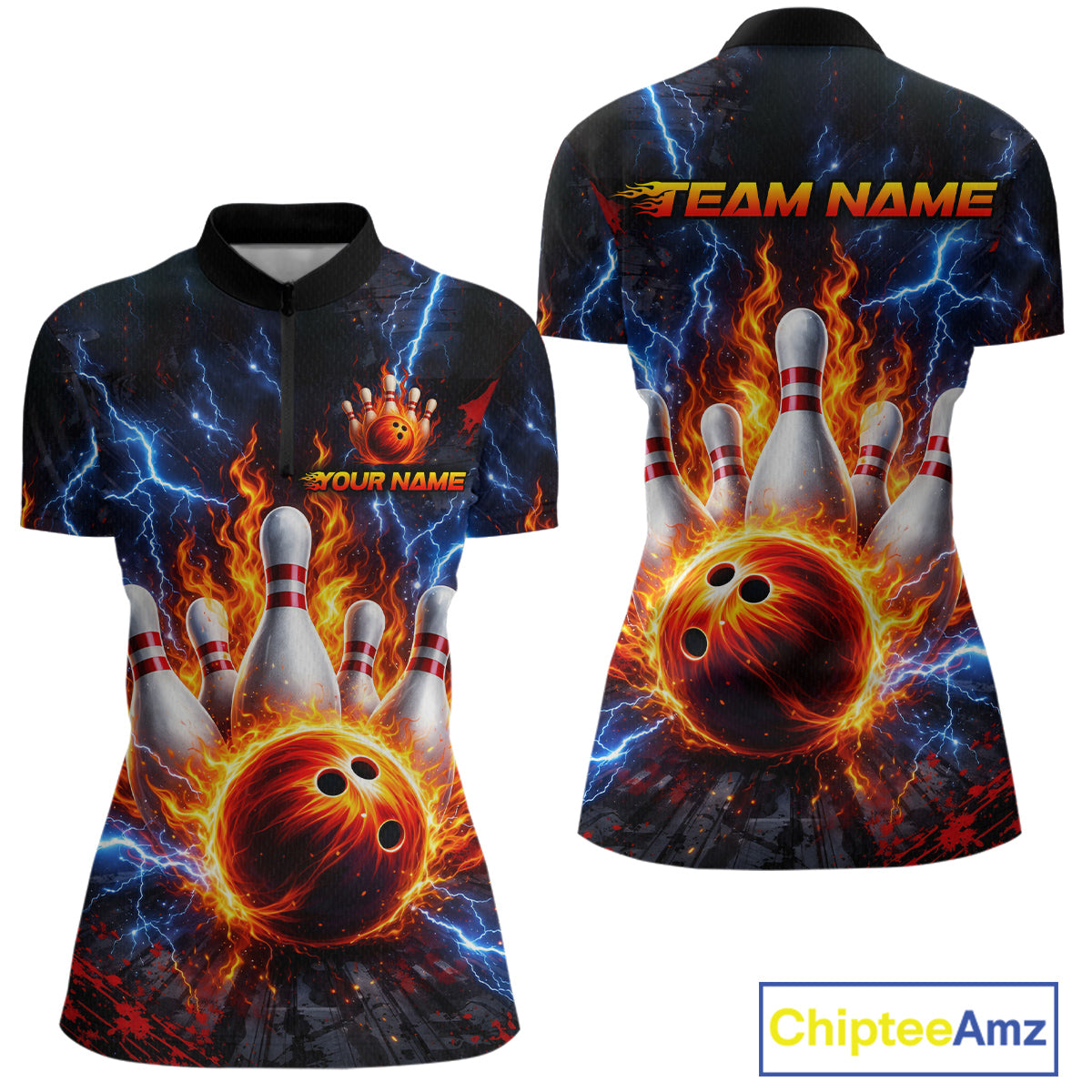 Flaming and Lightning Bowling Shirts for Team Women Men Bowling Polo & 1/4 Zip Shirt MBL242