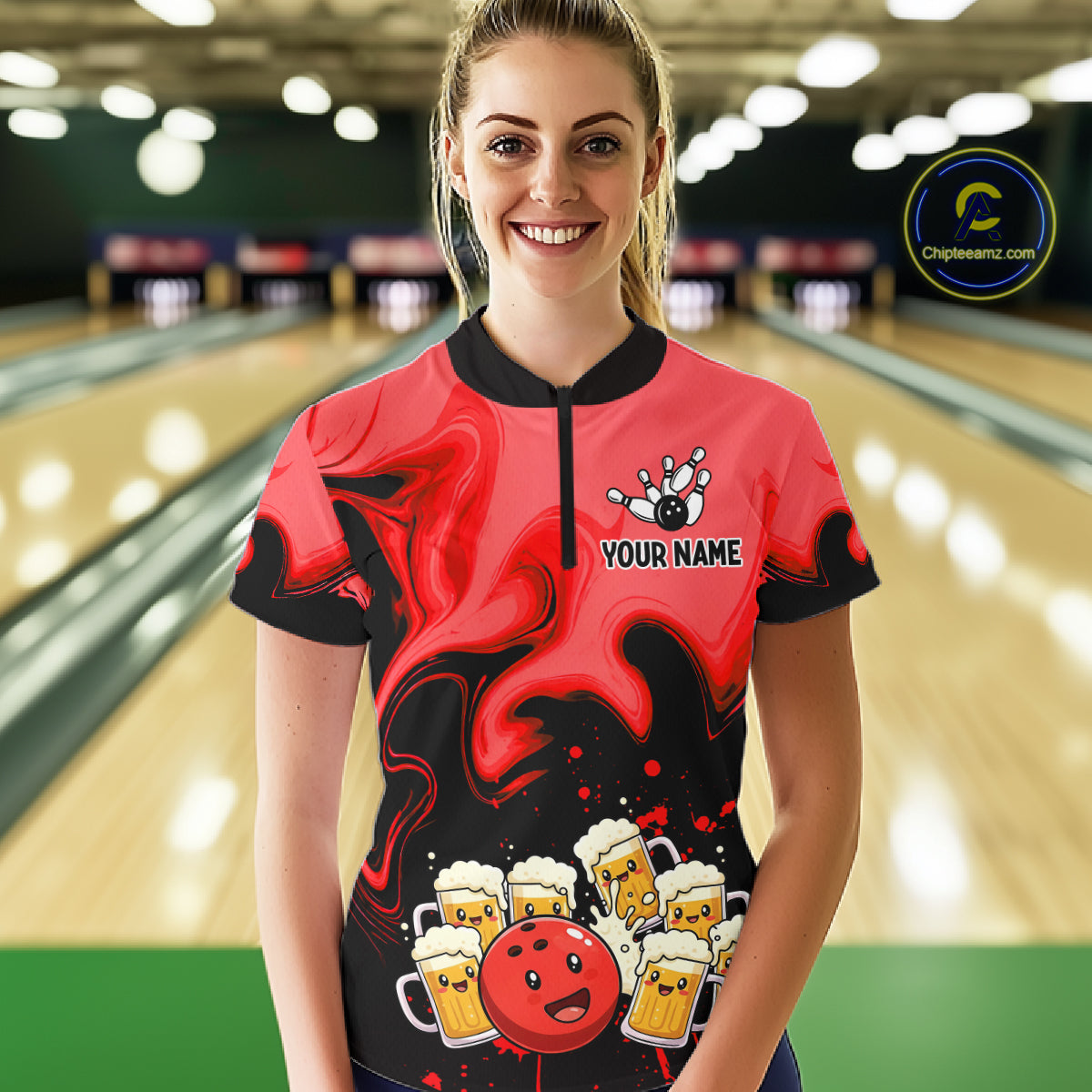 Funny Beer Bowling Shirts Red for Women Men Bowling Polo&1/4 Zip Bowling League MBL252