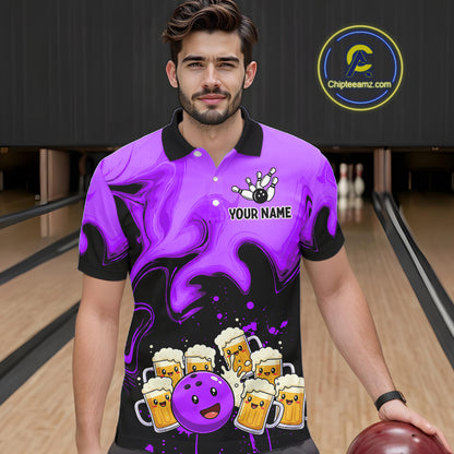 Funny Beer Bowling Shirts Purple for Women Men Bowling Polo&1/4 Zip Bowling League MBL252
