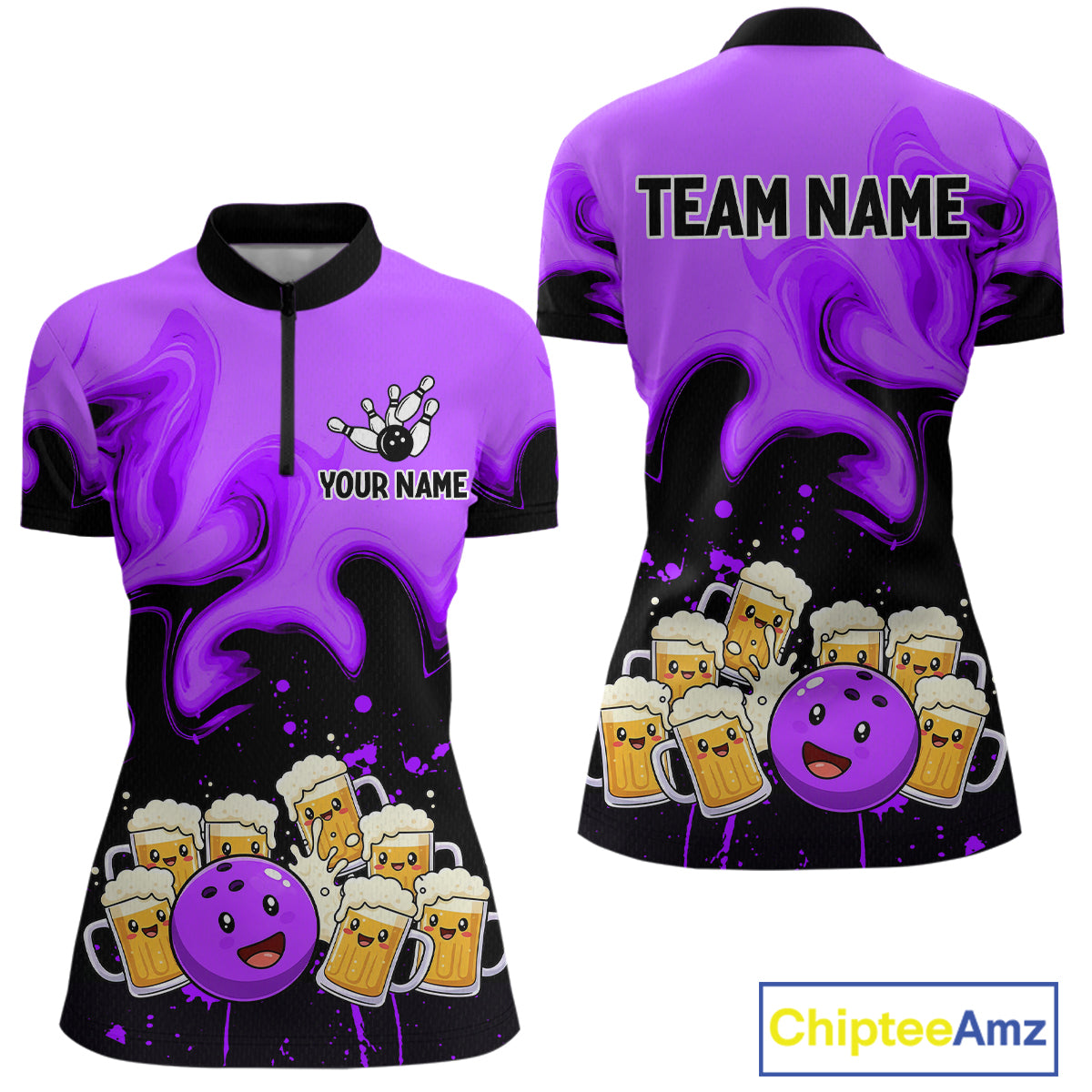 Funny Beer Bowling Shirts Purple for Women Men Bowling Polo&1/4 Zip Bowling League MBL252