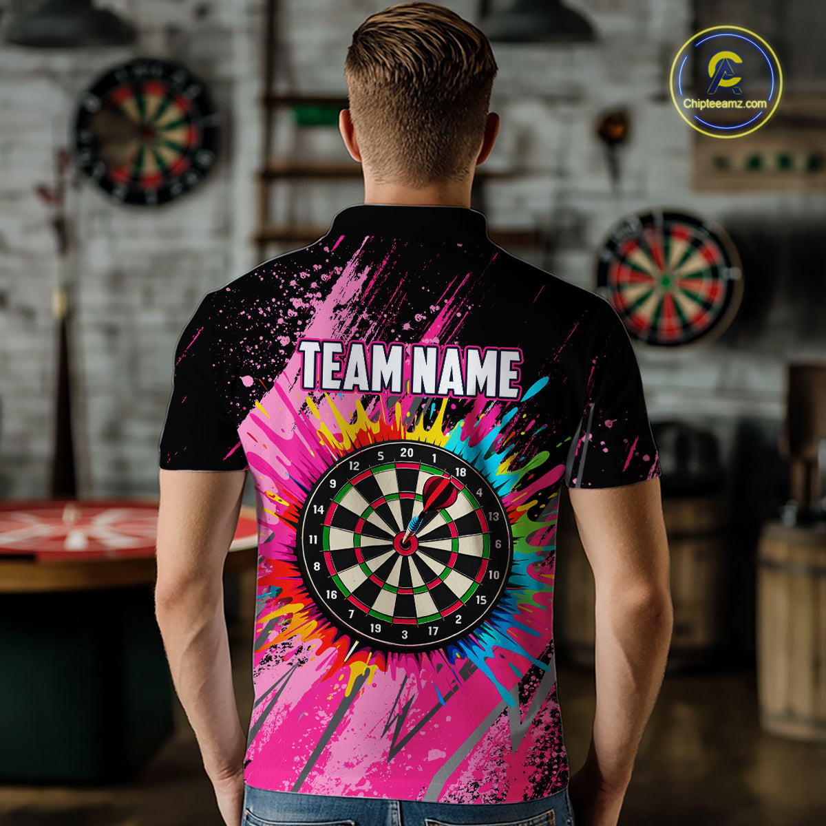Custom Pink Colorful Paint Darts Shirt for Men Darts Team Jerseys Dartboard Shirt NNT269