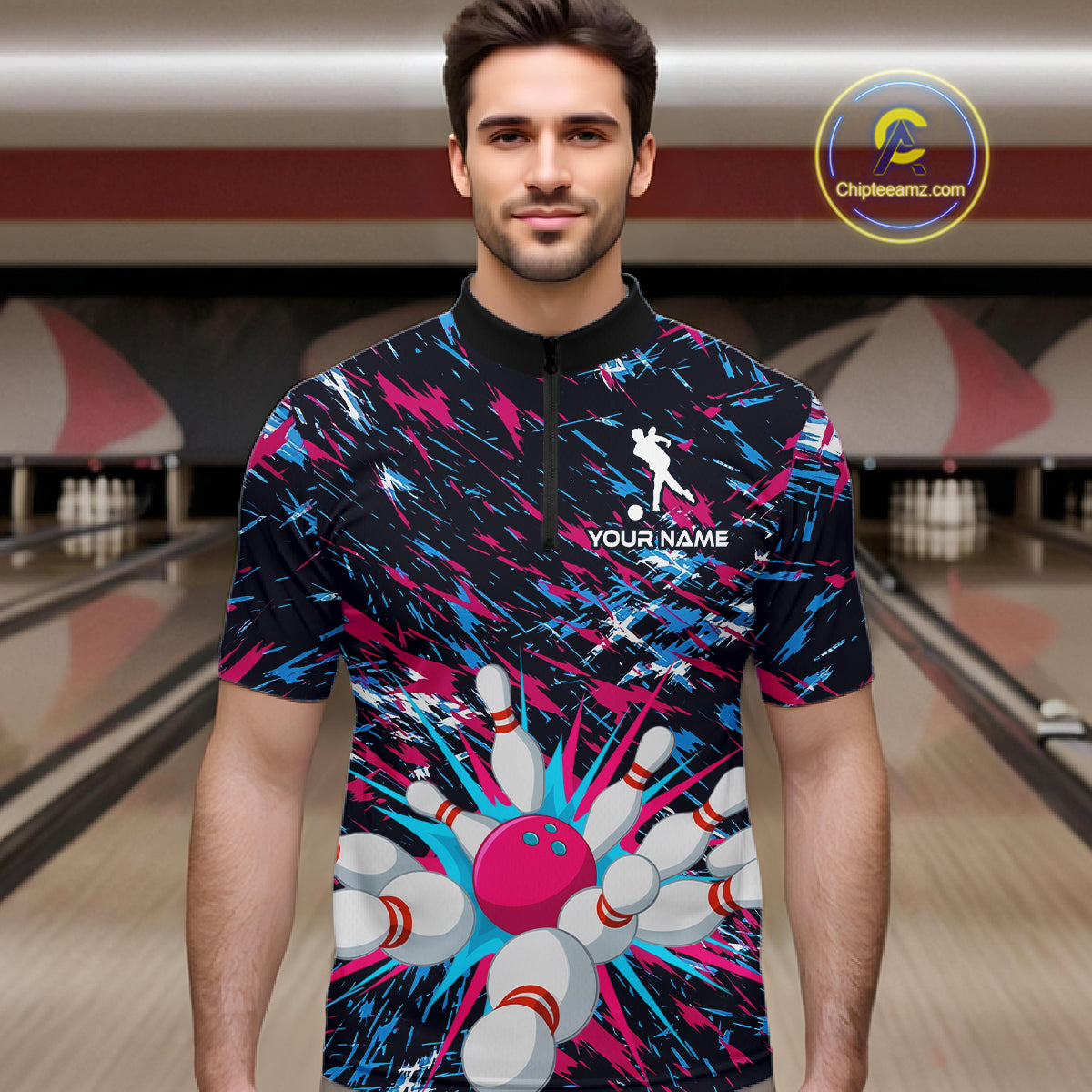 Pink and Purple Bowling Shirts for Team Women Men Bowling Polo and 1/4 Zip Shirt MBL229