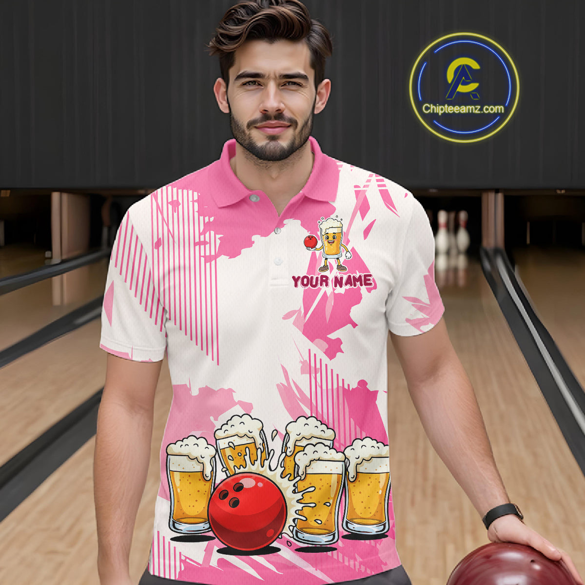 Beer Bowling Shirts Hot Pink for Team Women Men Custom Bowling Polo & 1/4 Zip Shirt MBL245