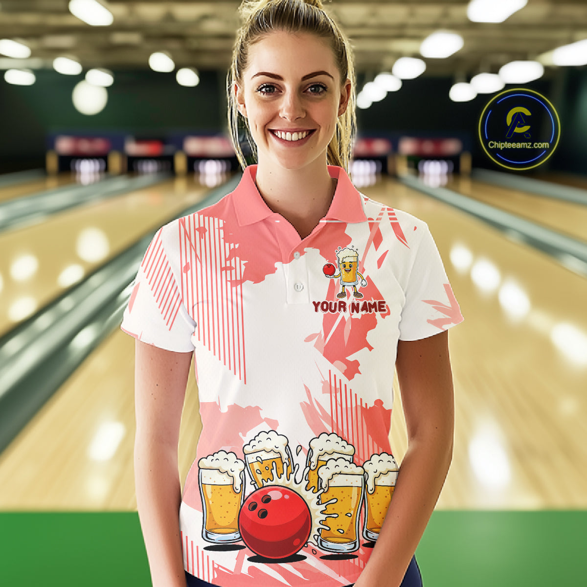 Beer Bowling Shirts Coral Pink for Team Women Men Custom Bowling Polo & 1/4 Zip Shirt MBL245