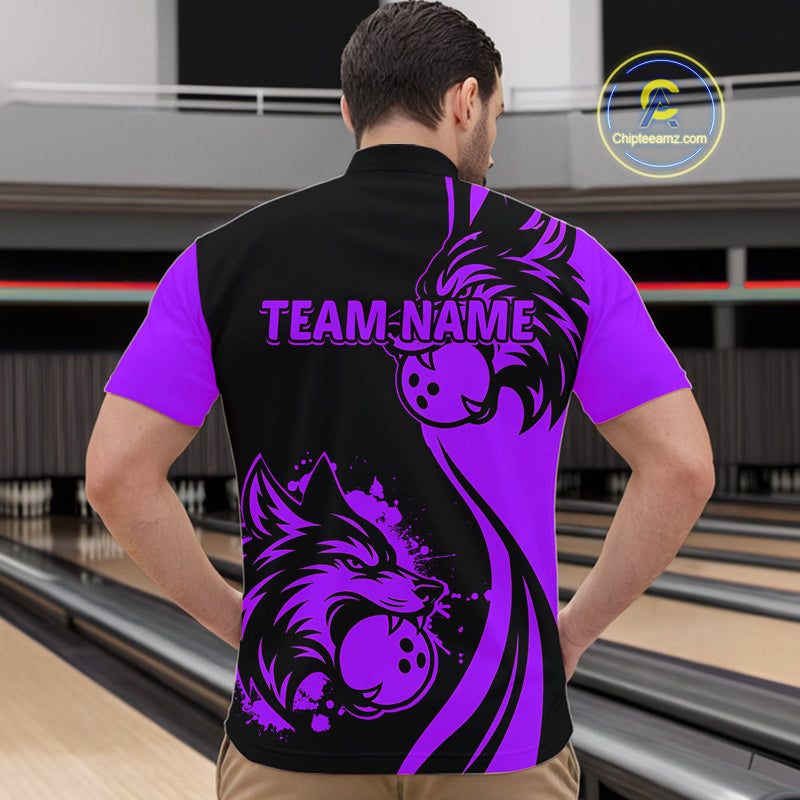 Purple Wolf Bowling Shirts for Team Men Women Custom Wolf Bowling Jerseys for Couples MBL197