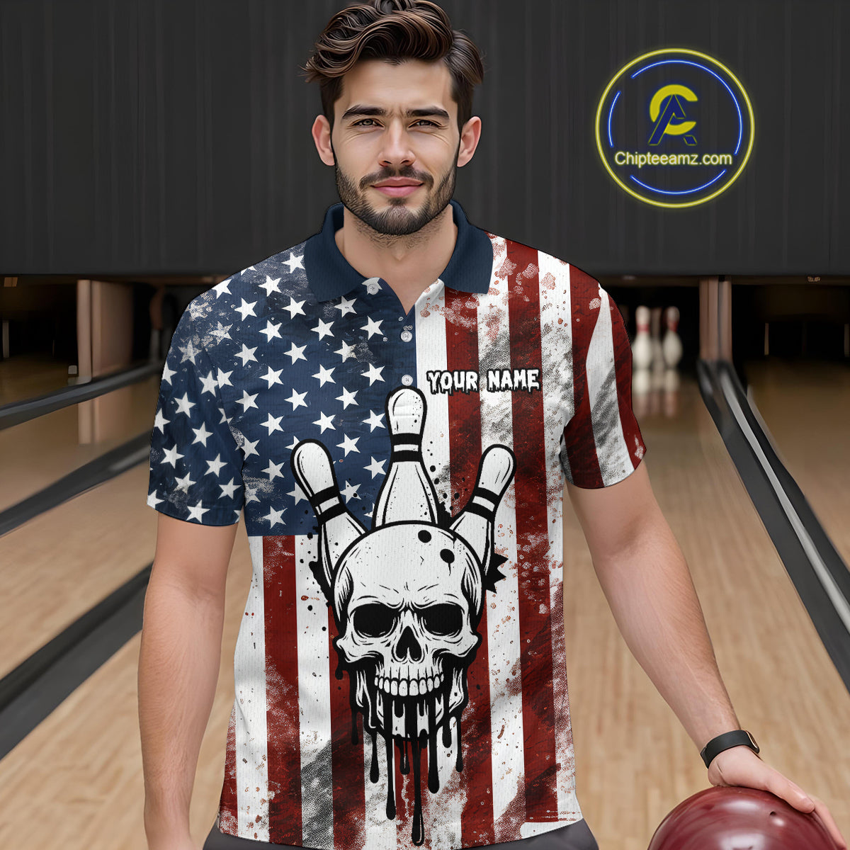 Patriotic Bowling Shirts for Team Women Men Custom Skull Bowling Jerseys for Couple MBL201
