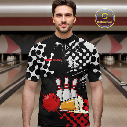 Red Beer Bowling Shirts for Team Women Men Beer Bowling Polo&1/4 Zip Bowl League MBL255