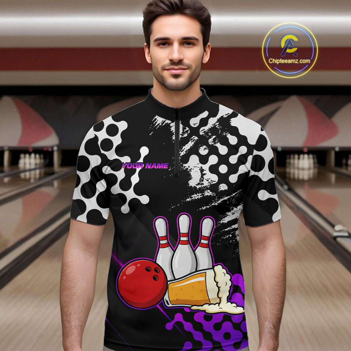 Purple Beer Bowling Shirts for Team Women Men Beer Bowling Polo&1/4 Zip Bowl League MBL255