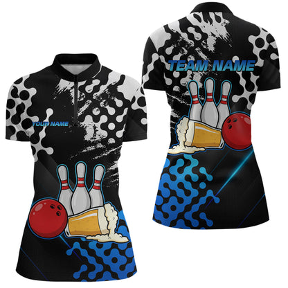 Blue Beer Bowling Shirts for Team Women Men Beer Bowling Polo&1/4 Zip Bowl League MBL255
