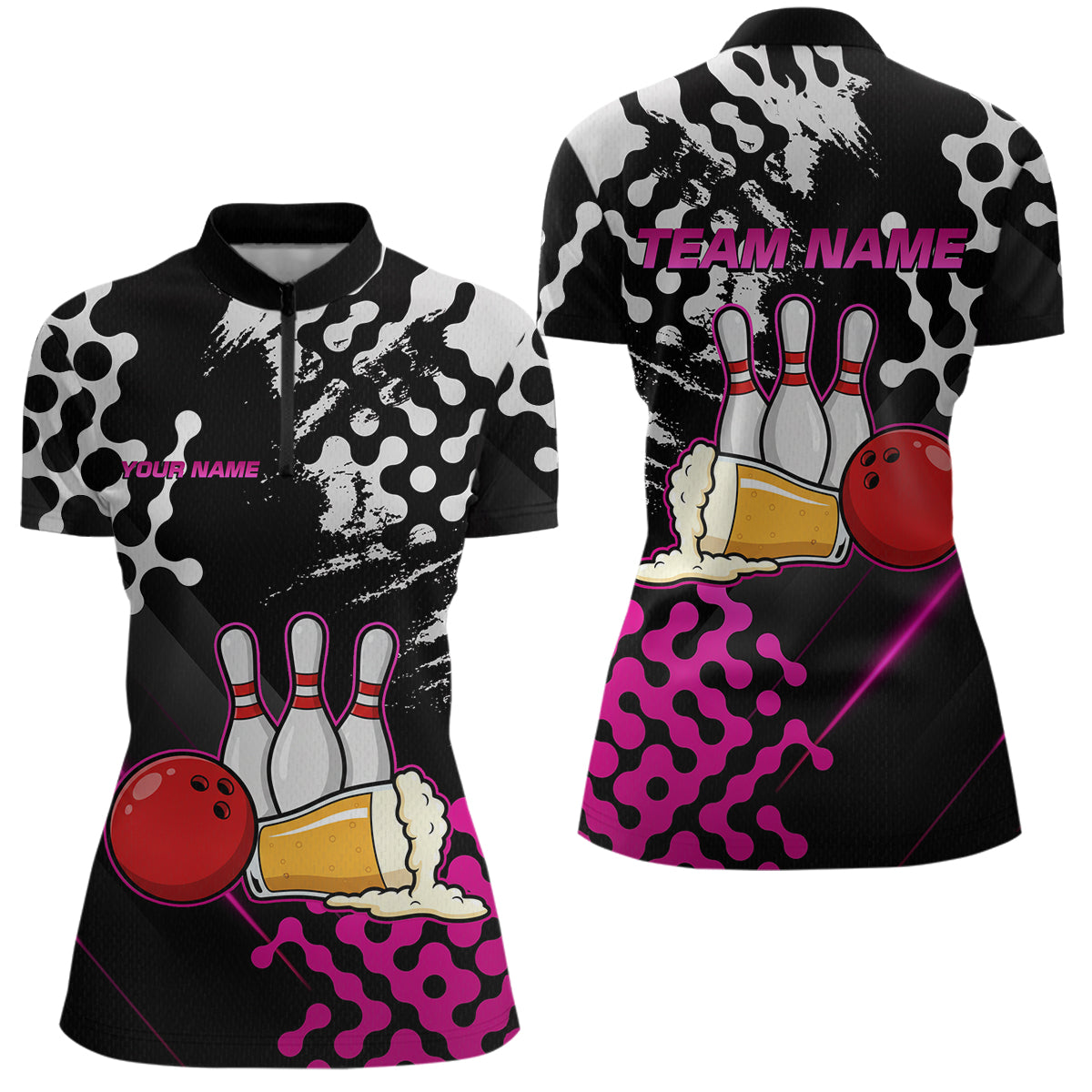 Pink Beer Bowling Shirts for Team Women Men Beer Bowling Polo&1/4 Zip Bowl League MBL255