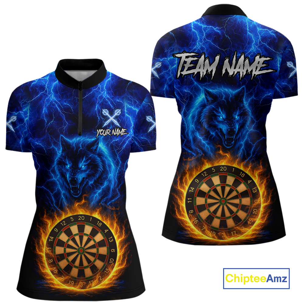 Custom Blue Wolf Flame Darts Shirt for Women Darts Team Jerseys Dartboard Shirt Dart League NNT267