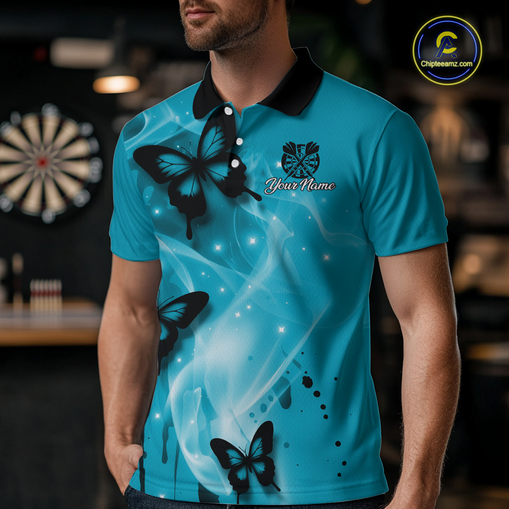 Custom Turquoise Galaxy Butterflies Darts Shirt for Men Darts Team Jerseys Dartboard Shirt NNT261