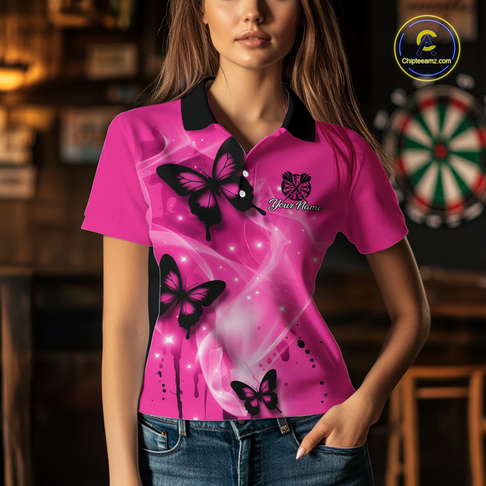 Custom Pink Galaxy Butterflies Darts Shirt for Women Darts Team Jerseys Dartboard Shirt NNT261