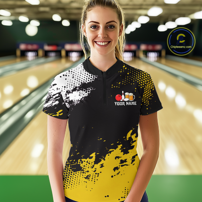 Yellow Funny Beer Bowling Shirts for Team Women Men Bowling Polo&1/4 Zip Bowl League MBL254