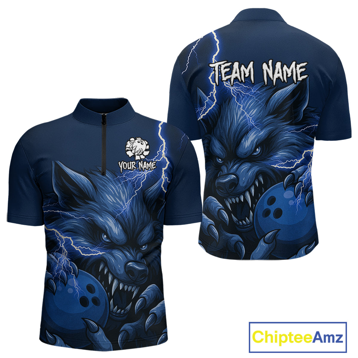 Wolf Bowling Shirts for Team Women Men Custom Blue Wolf Bowling Polo and 1/4 Zip MBL191
