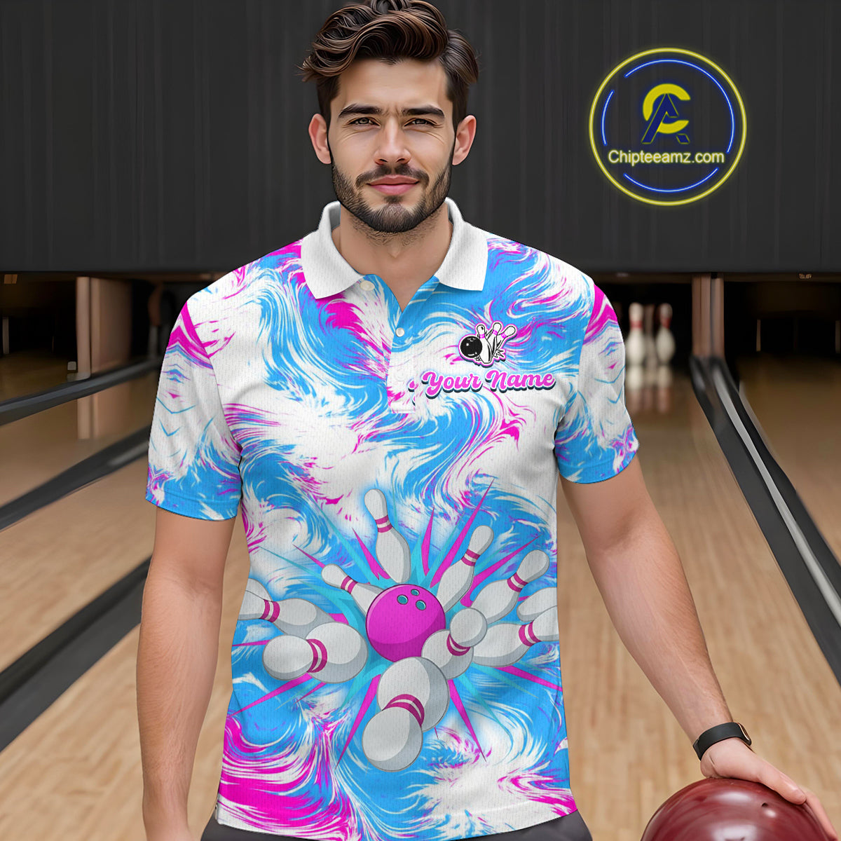 Pink and Blue Bowling Shirts for Team Women Men Bowling Polo and 1/4 Zip Shirt MBL230