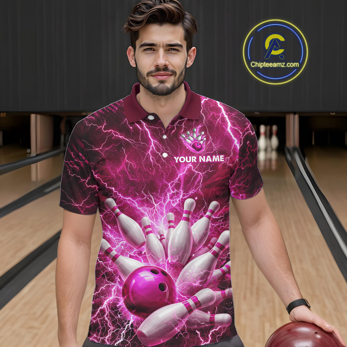 Pink Lightning Bowling Shirts for Team Women Men Custom Bowling Polo & 1/4 Zip Shirt MBL241