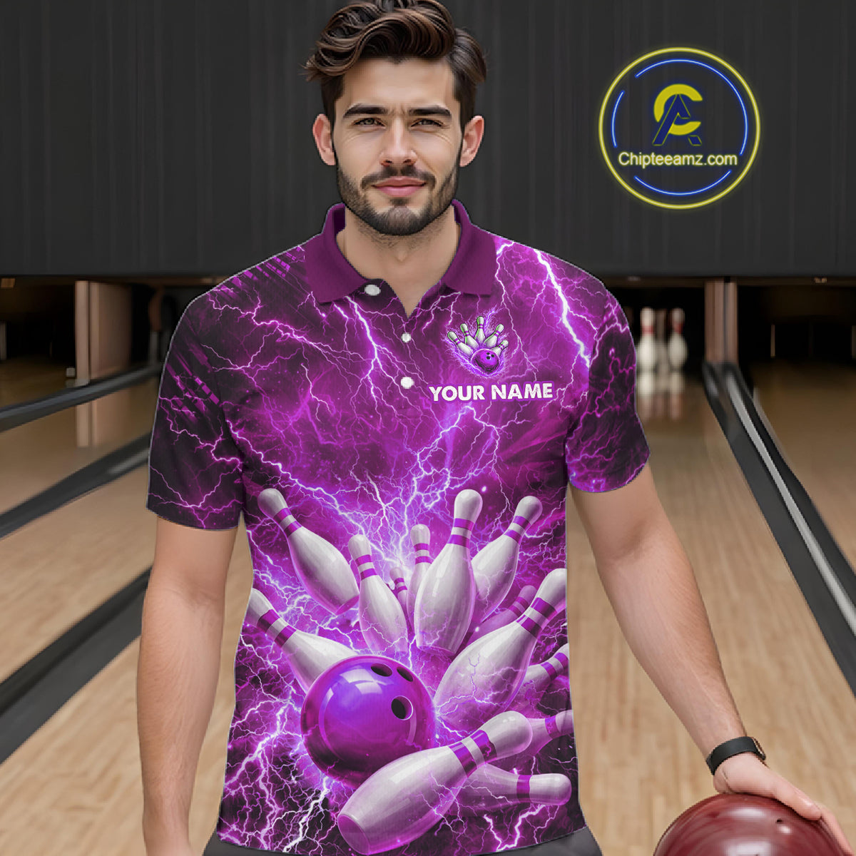 Purple Lightning Bowling Shirts for Team Women Men Custom Bowling Polo & 1/4 Zip Shirt MBL241