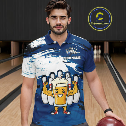 Blue Funny Beer Bowling Shirts for Women Men Team Bowling Polo&1/4 Zip Bowl League MBL253