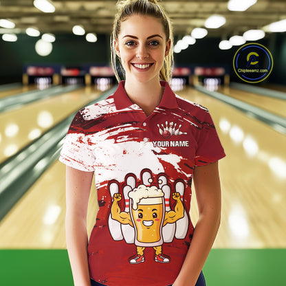 Red Funny Beer Bowling Shirts for Women Men Team Bowling Polo&1/4 Zip Bowl League MBL253
