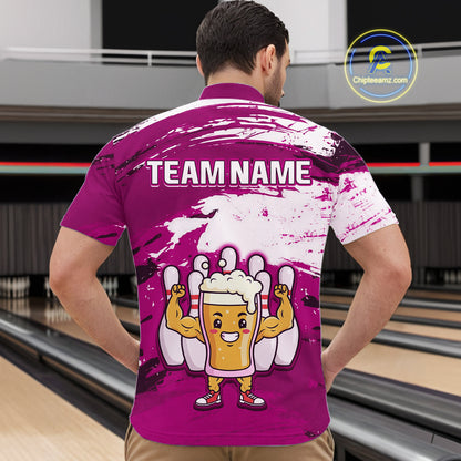 Pink Funny Beer Bowling Shirts for Women Men Team Bowling Polo&1/4 Zip Bowl League MBL253