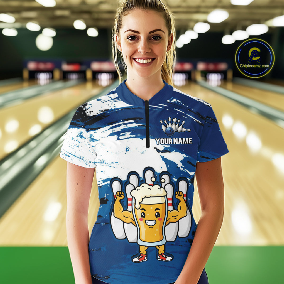 Blue Funny Beer Bowling Shirts for Women Men Team Bowling Polo&1/4 Zip Bowl League MBL253