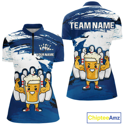 Blue Funny Beer Bowling Shirts for Women Men Team Bowling Polo&1/4 Zip Bowl League MBL253