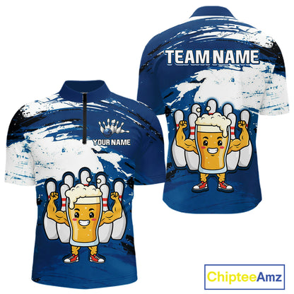 Blue Funny Beer Bowling Shirts for Women Men Team Bowling Polo&1/4 Zip Bowl League MBL253
