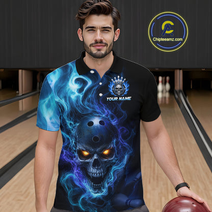 Man wearing a  black bowling polo shirt featuring a flaming skull with glowing orange eyes, blue smoke effects, and custom “YOUR NAME” text.