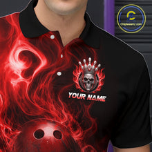 Load image into Gallery viewer, Black polo shirt with red flame design and skull logo, featuring 'Your Name' text, on a dark background.