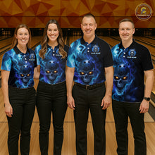 Load image into Gallery viewer, Four people wearing a black bowling polo shirt featuring a flaming skull with glowing orange eyes, blue smoke effects, and custom “YOUR NAME” text.