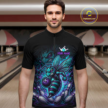 Load image into Gallery viewer, Man wearing a black bowling quarter zip with teal and purple bee graphics, custom team text, bowling pins, and a purple bowling ball.