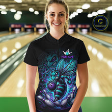 Load image into Gallery viewer, Woman wearing a black bowling polo with teal and purple bee graphics, custom team text, bowling pins, and a purple bowling ball.