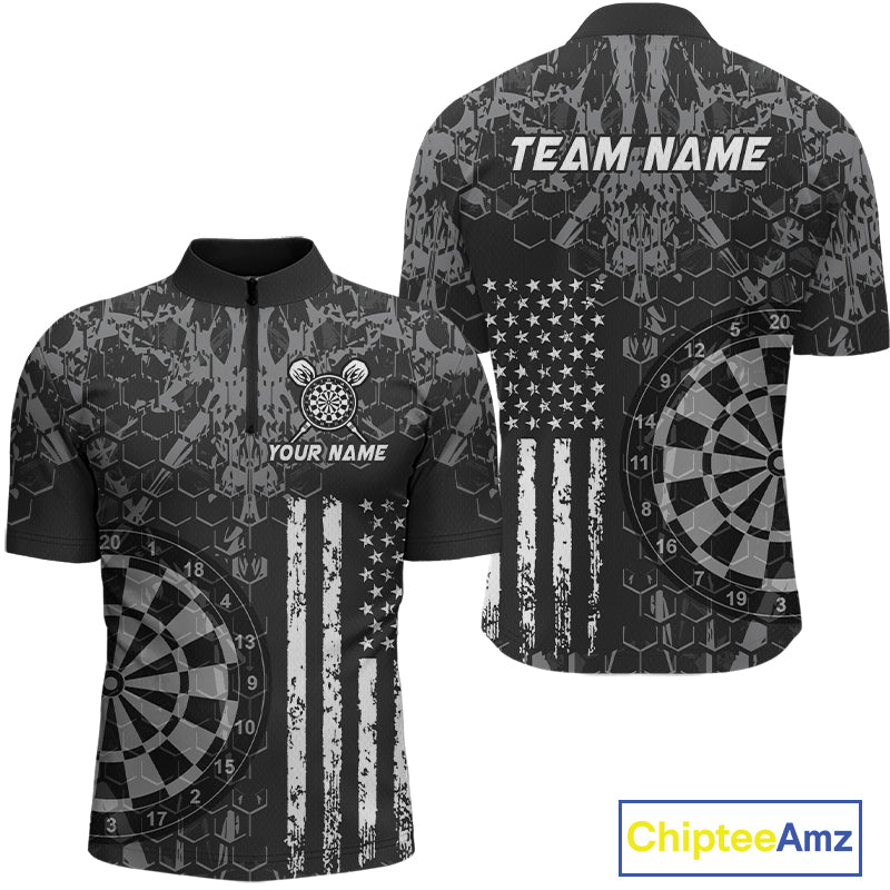 Front and back darts quarter zip shirt featuring dartboard graphics blended with a american flag pattern on a black gray background.