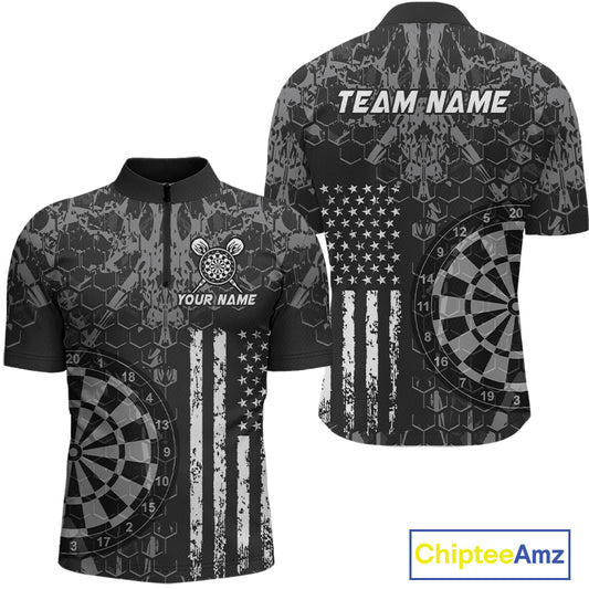 Front and back darts quarter zip shirt featuring dartboard graphics blended with a american flag pattern on a black gray background.