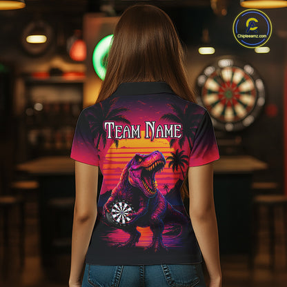 Women wearing darts polo shirt featuring a dinosaur holding a dartboard with sunset and palm tree artwork on a colorful background.